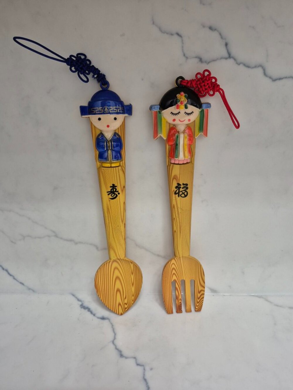 Set of Solid Wood like Fork and Spoon with Eastern Characters